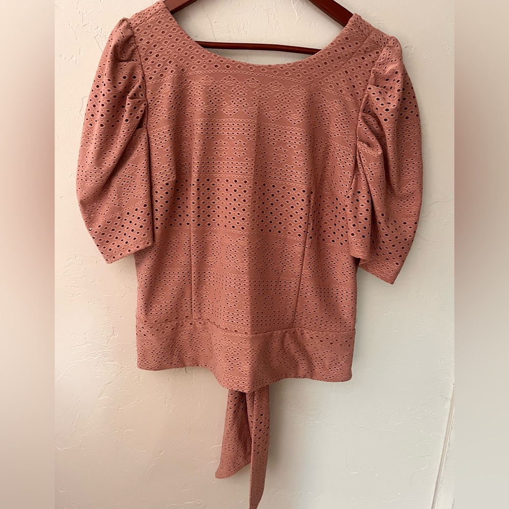 NWT Macy's Cliche Pink Rose Tie‎ Back 3/4 Balloon Sleeve Blouse XL
